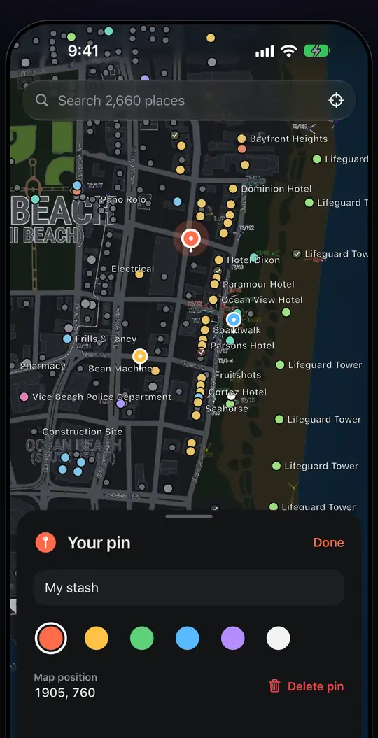A personal pin with a note on the map in the app
