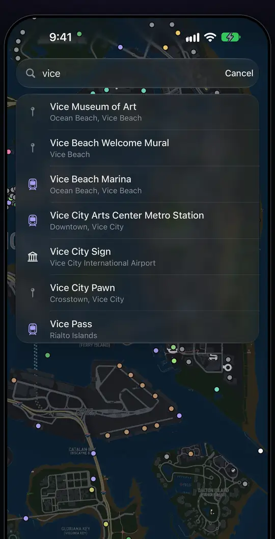 Search in the app: places matching vice